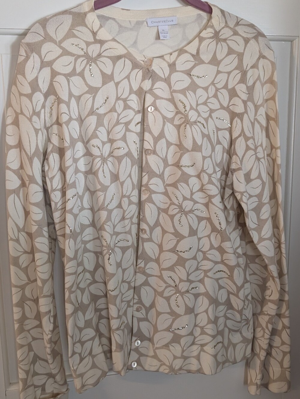 Charter Club Beige and White Leaf-Print Cardigan with Sequin Accents